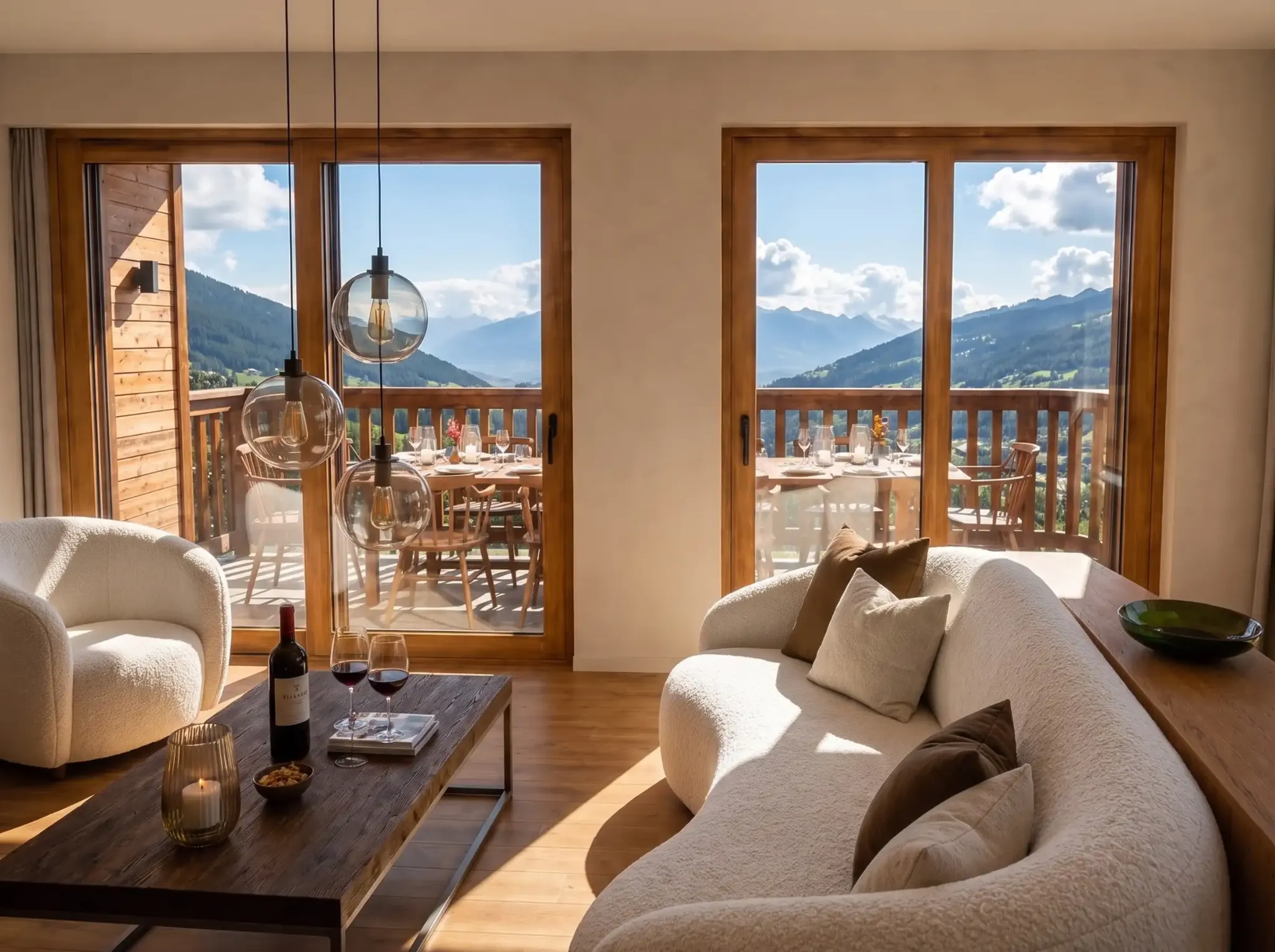 Wohnbereich mit Aussicht auf die Klosterser Bergwelt und Terrasse