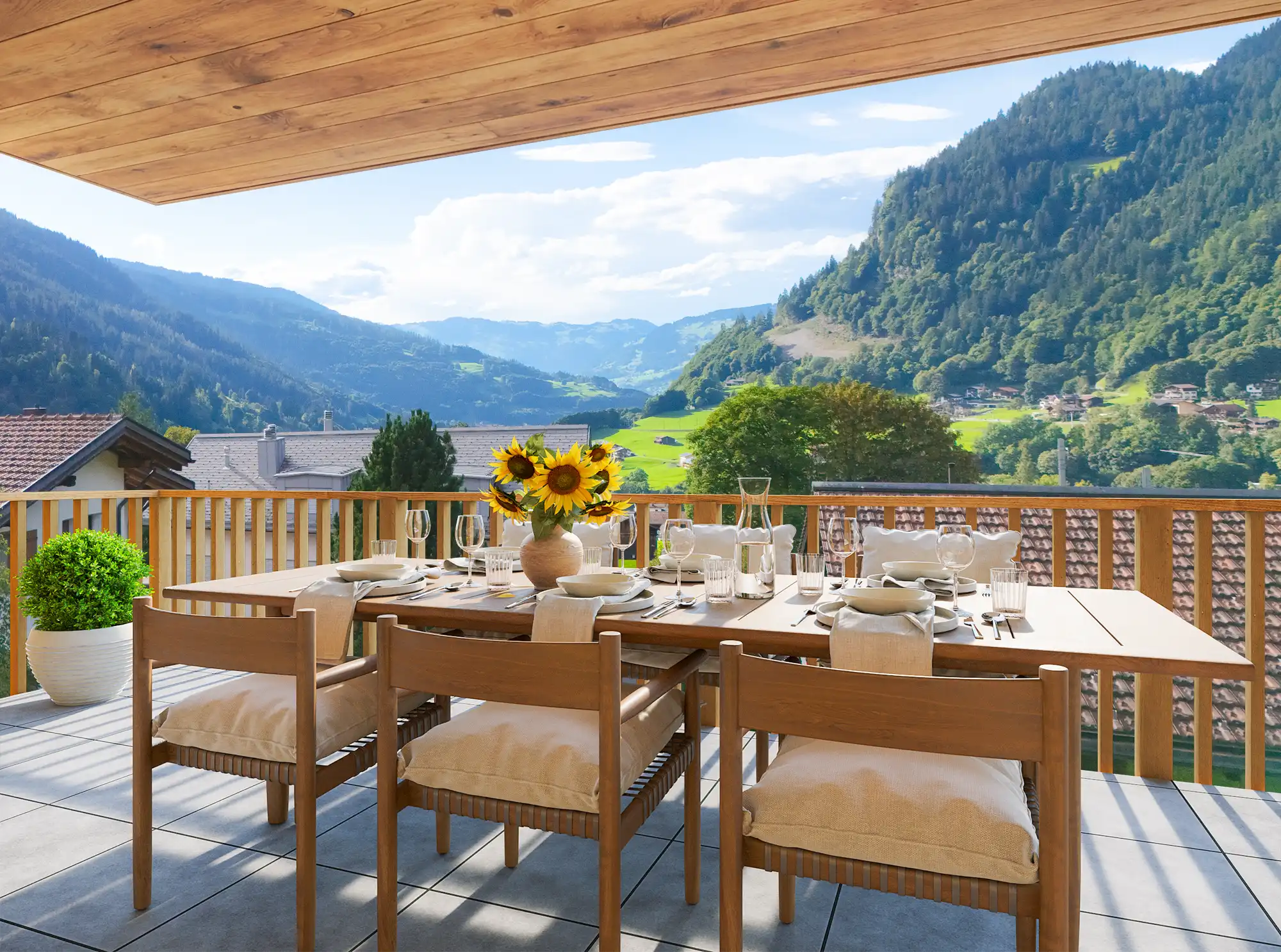 Gedeckte Terrasse mit Aussicht über das Tal